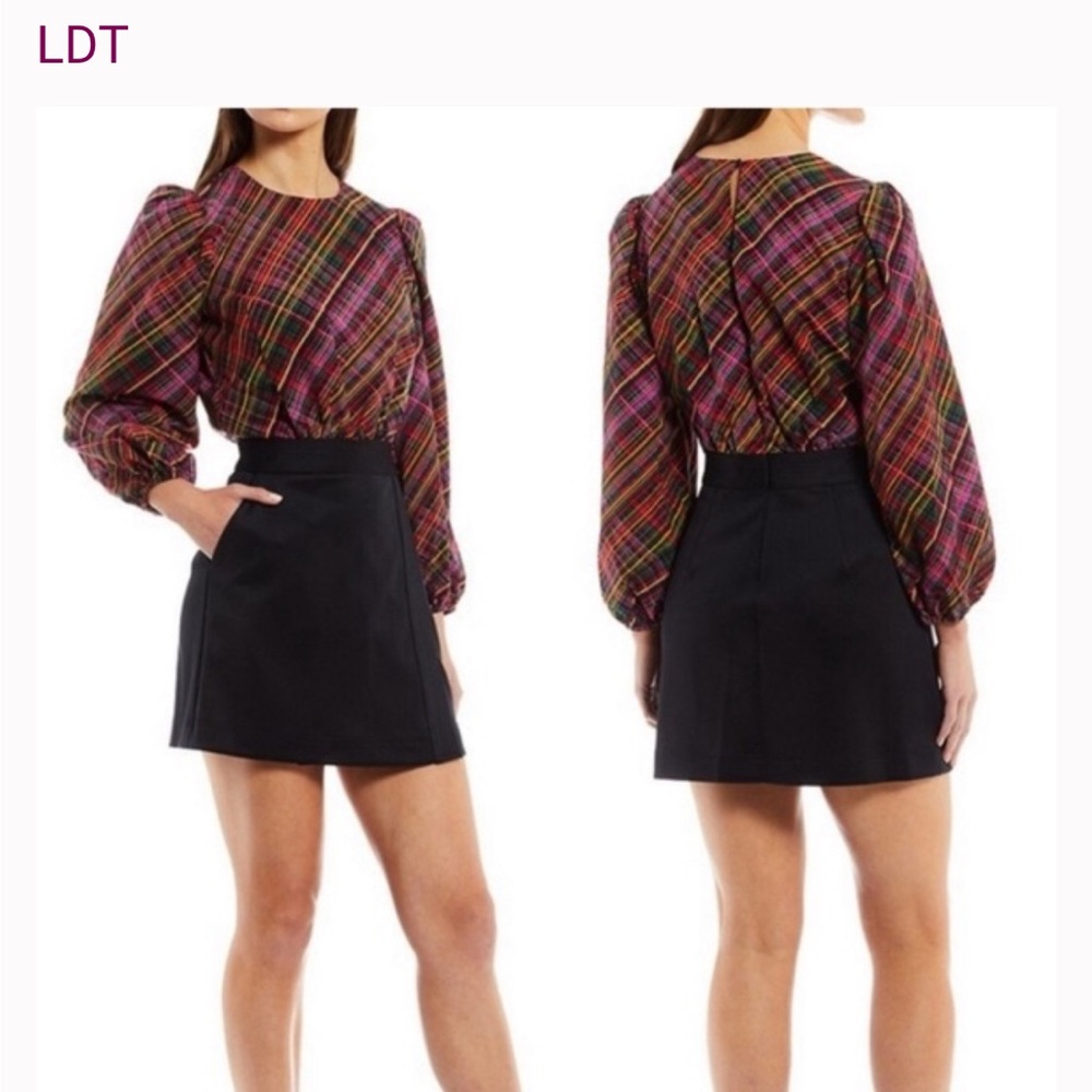 LDT Ivonne Colorful Tartan Plaid Long Balloon Sleeve Mini Dress Size:0